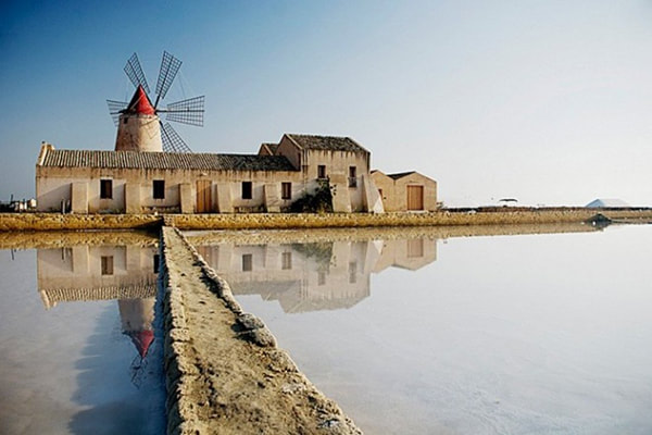 Salt pans and windmill near Mozia on the Trapani – Marsala stage